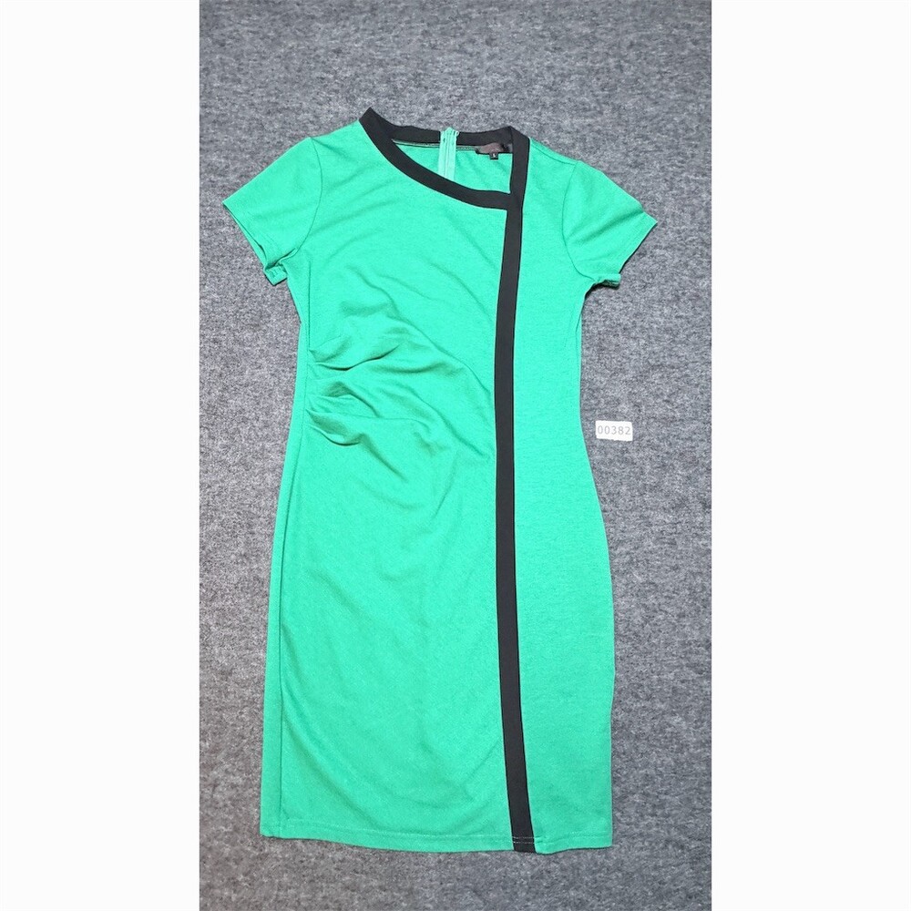 Kweeni Sheath Dress Womens Size L Green Black Trim Asym Neck Short Sleeve